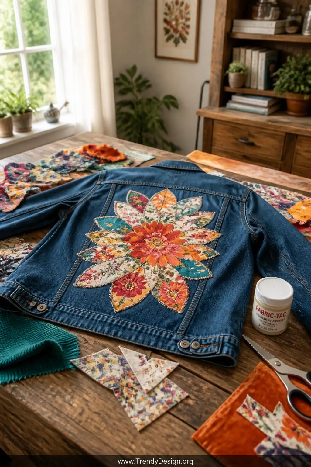 A wide shot of a denim jacket spread across a large reclaimed wood craft table scattered with colorful fabric scraps   bold g