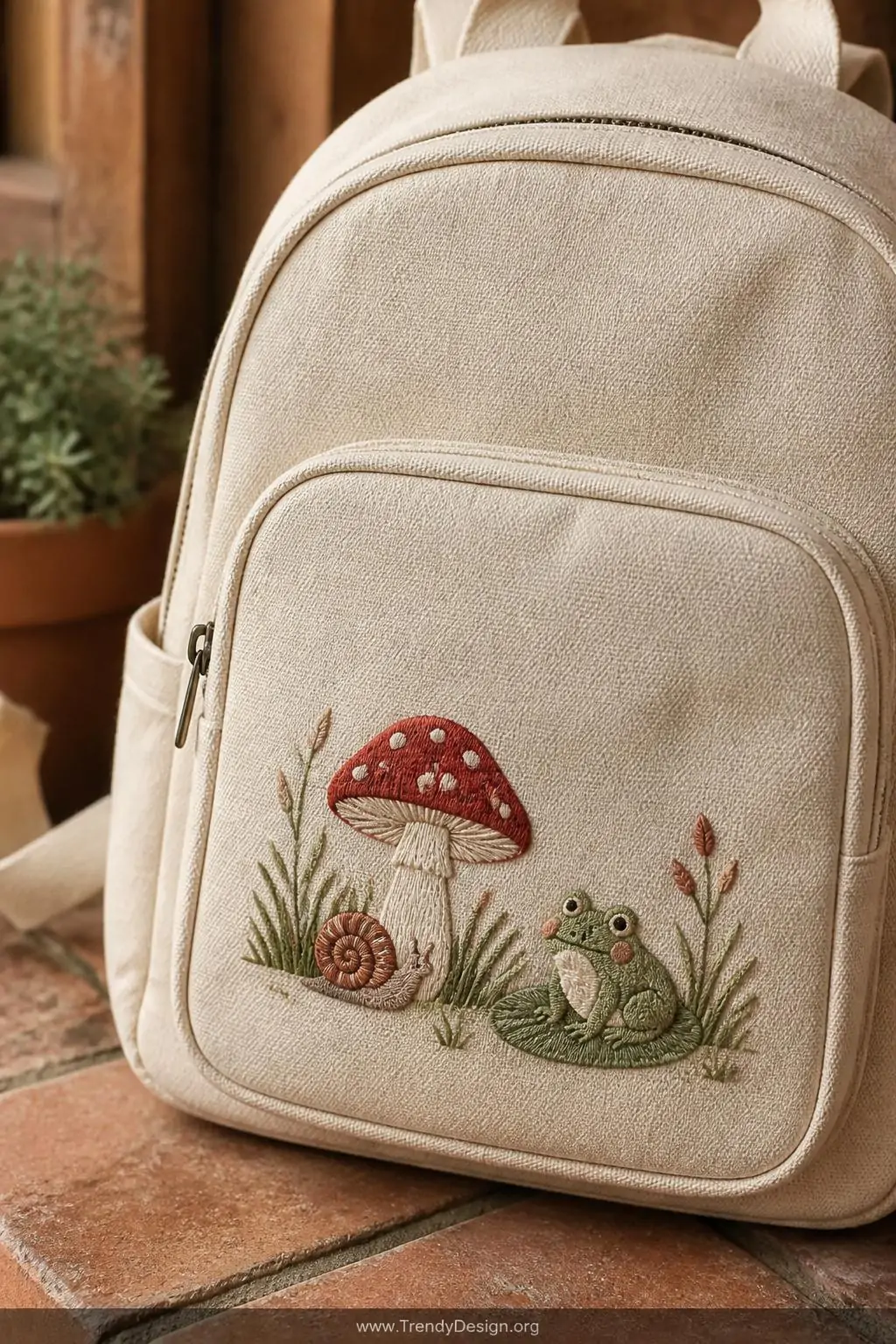 A closeup shot of a cream cotton canvas backpack exterior resting on a rough terracotta tile surface bathed in soft diffused 