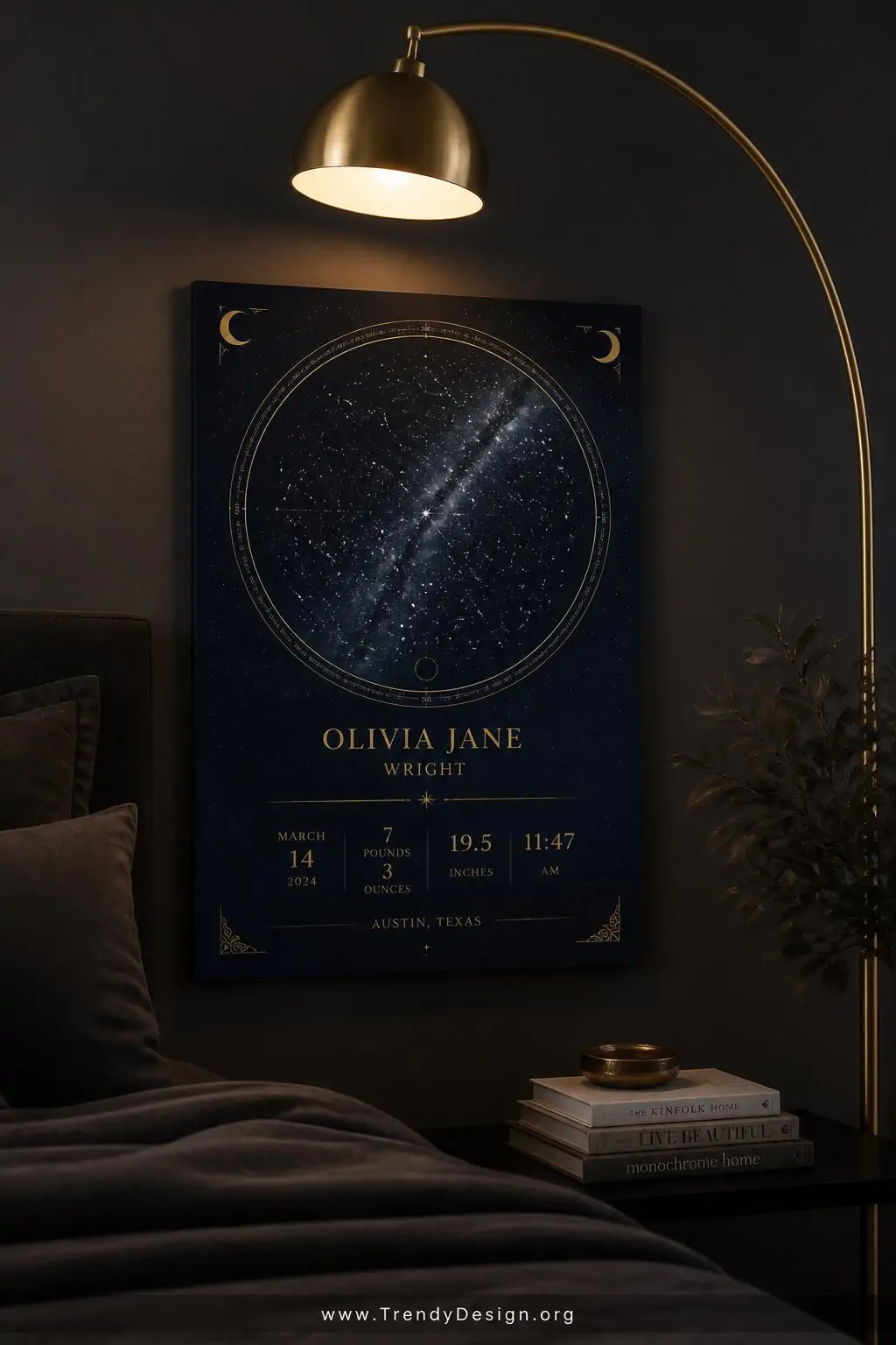 A medium shot of a celestial birth poster canvas mounted on a charcoal matte wall in a moody styled bedroom corner, the canva