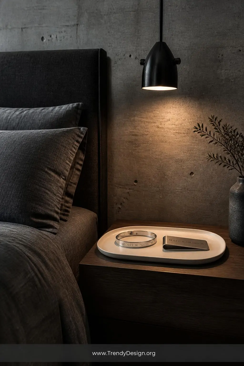 A medium-shot, photorealistic interior of a sleek, modern bedroom with charcoal linen bedding, brushed concrete walls, and a 