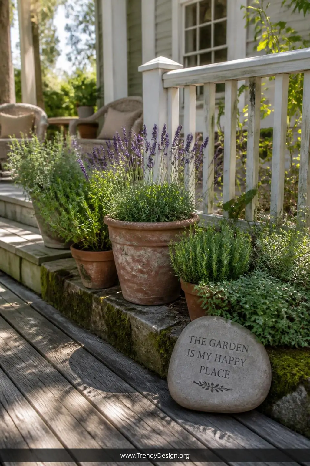 A wide shot of a sunlit cottage garden porch with terracotta planters overflowing with lavender and herbs, a smooth river sto