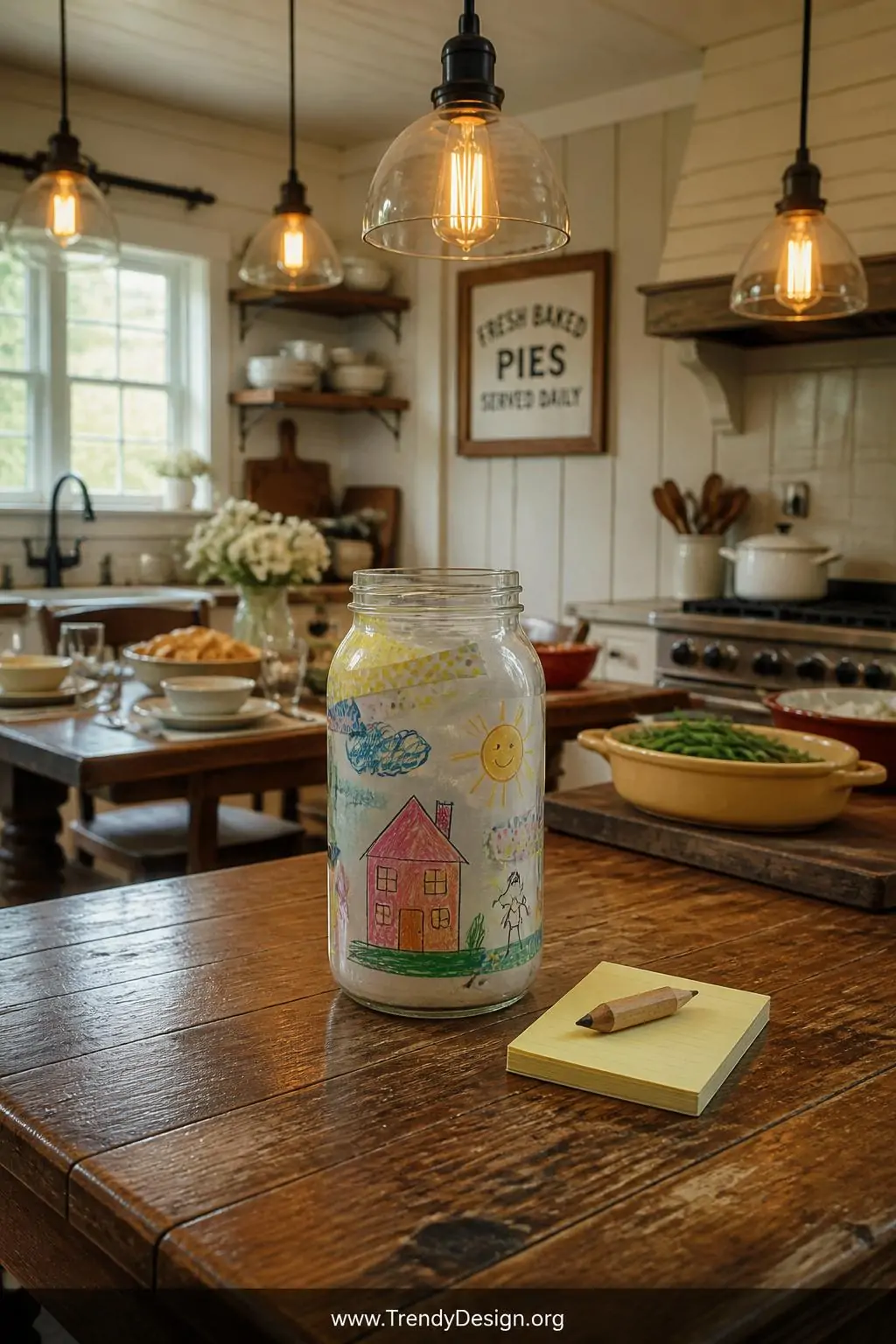 A wide-shot photorealistic interior of a cozy farmhouse kitchen with shiplap walls and a well-worn butcher block table, cente