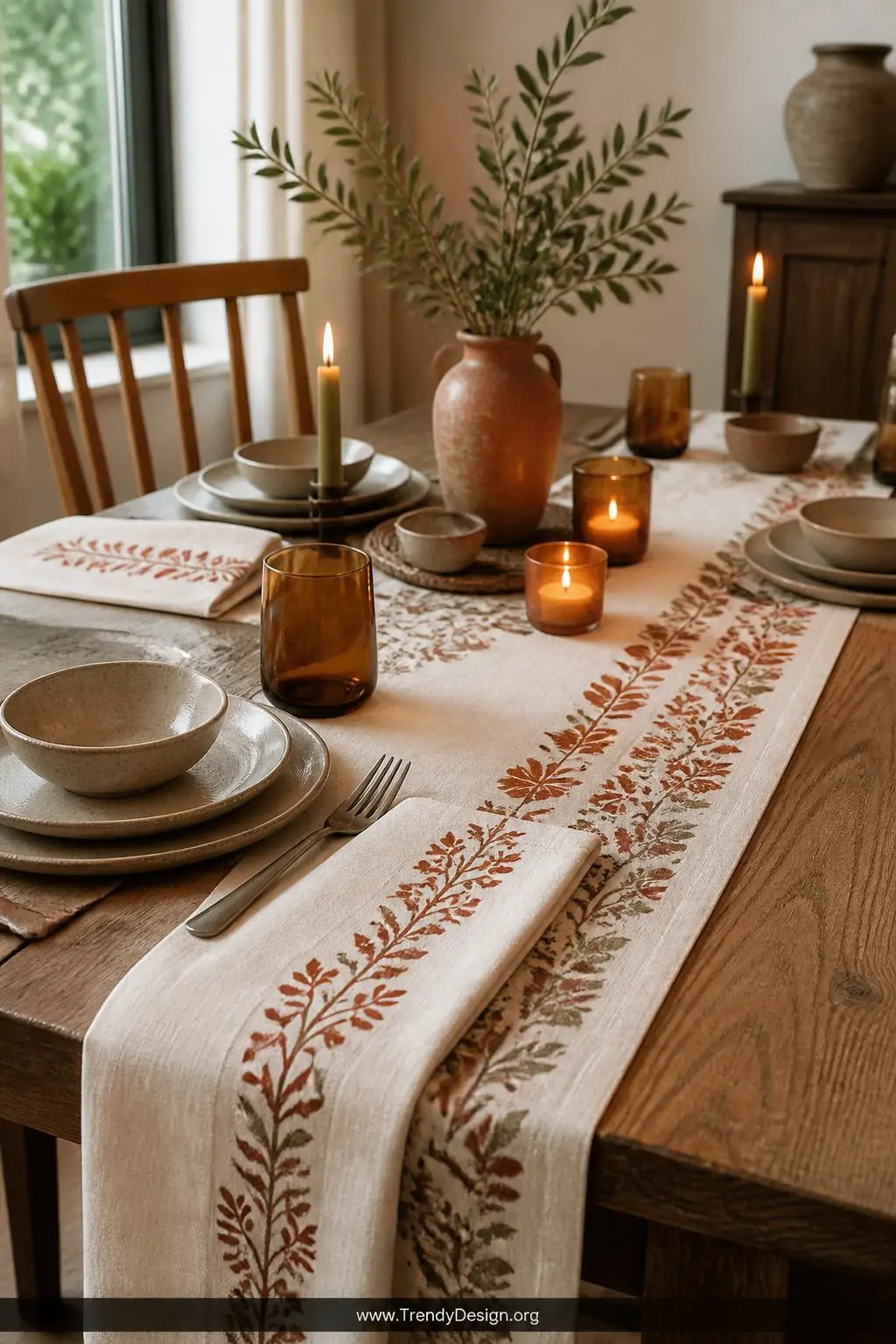 A medium-shot photorealistic dining table scene featuring white cotton napkins and a linen table runner stamped with rust and