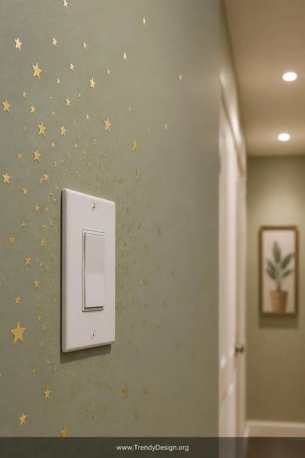 Extreme closeup shot of a soft sage green hallway wall featuring a white light switch plate surrounded by tiny delicate gold 