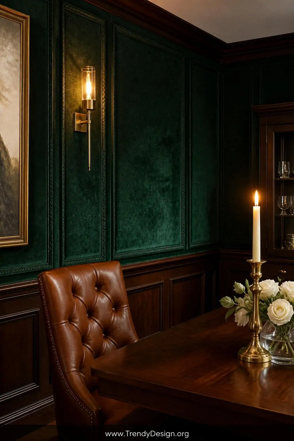 Medium shot of a luxurious dining room corner showcasing framed wainscoting panels upholstered in deep emerald velvet, rich j