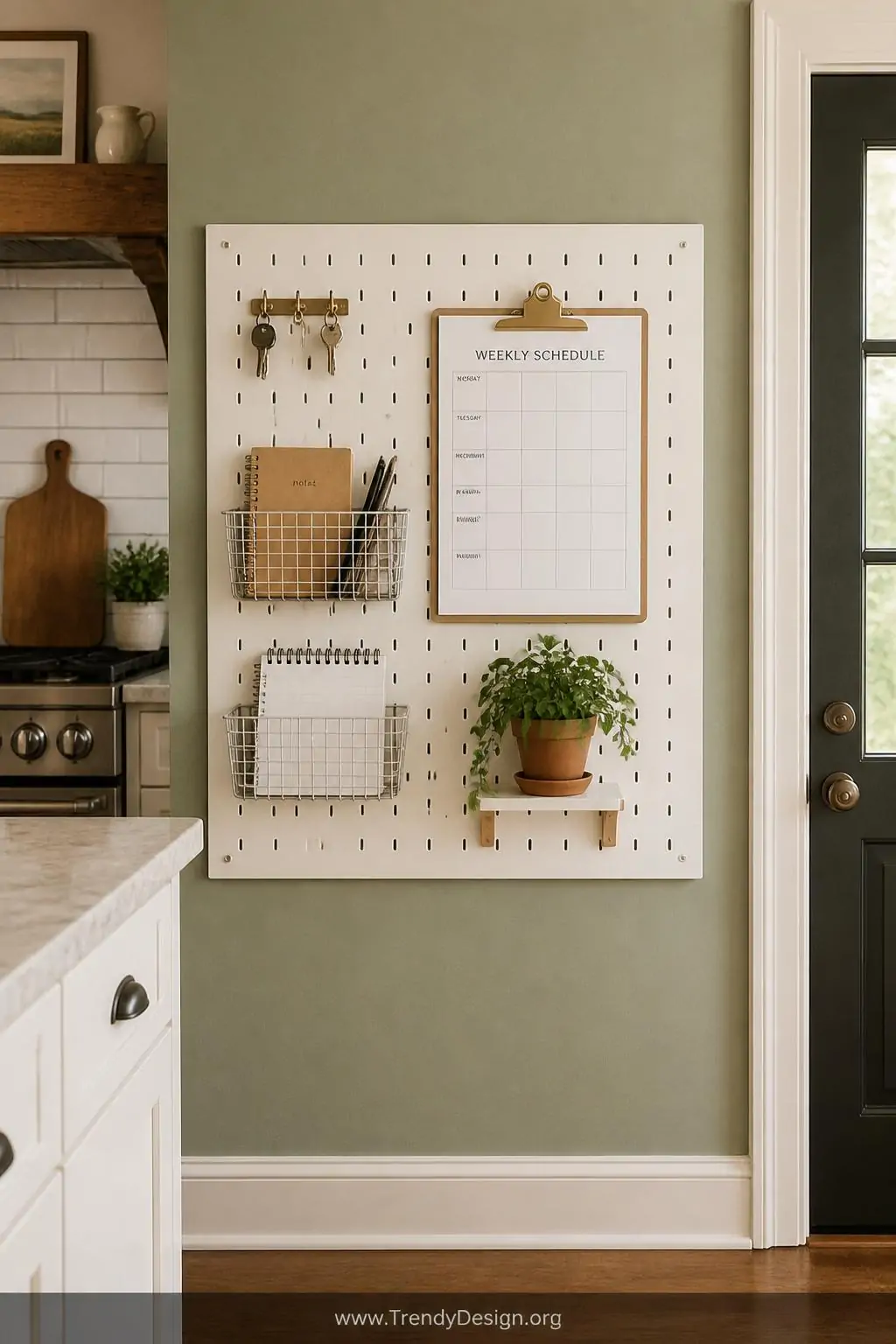 White matte painted pegboard panel mounted on a sage green kitchen wall styled with brass key hooks, small wire baskets holding spiral notepads and pens, a clipboard with a printed weekly schedule, and a small terracotta potted plant on a tiny shelf bracket, wide shot showing the full panel in a bright farmhouse kitchen.