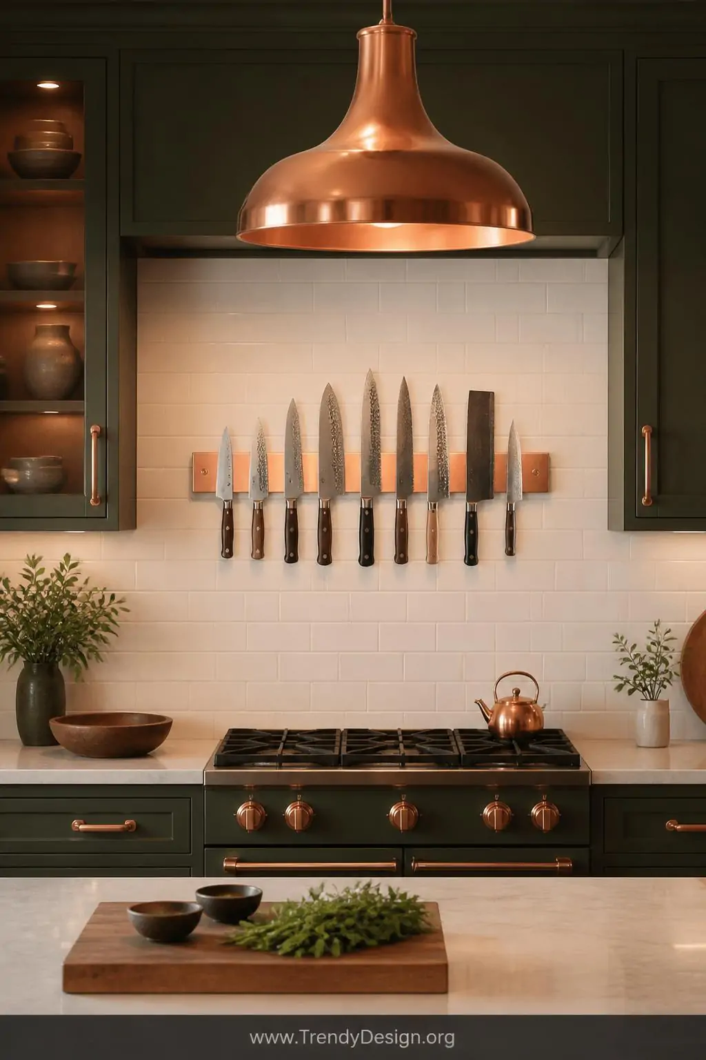 Polished copper magnetic knife strip mounted on a white subway tile backsplash in a warm kitchen, Japanese chef's knives and hand-forged blades displayed proudly against the gleaming rose-gold metal, copper pendant light fixture overhead echoing the warm metallic tones, wide shot capturing matching copper cabinet hardware throughout, photorealistic interior design.