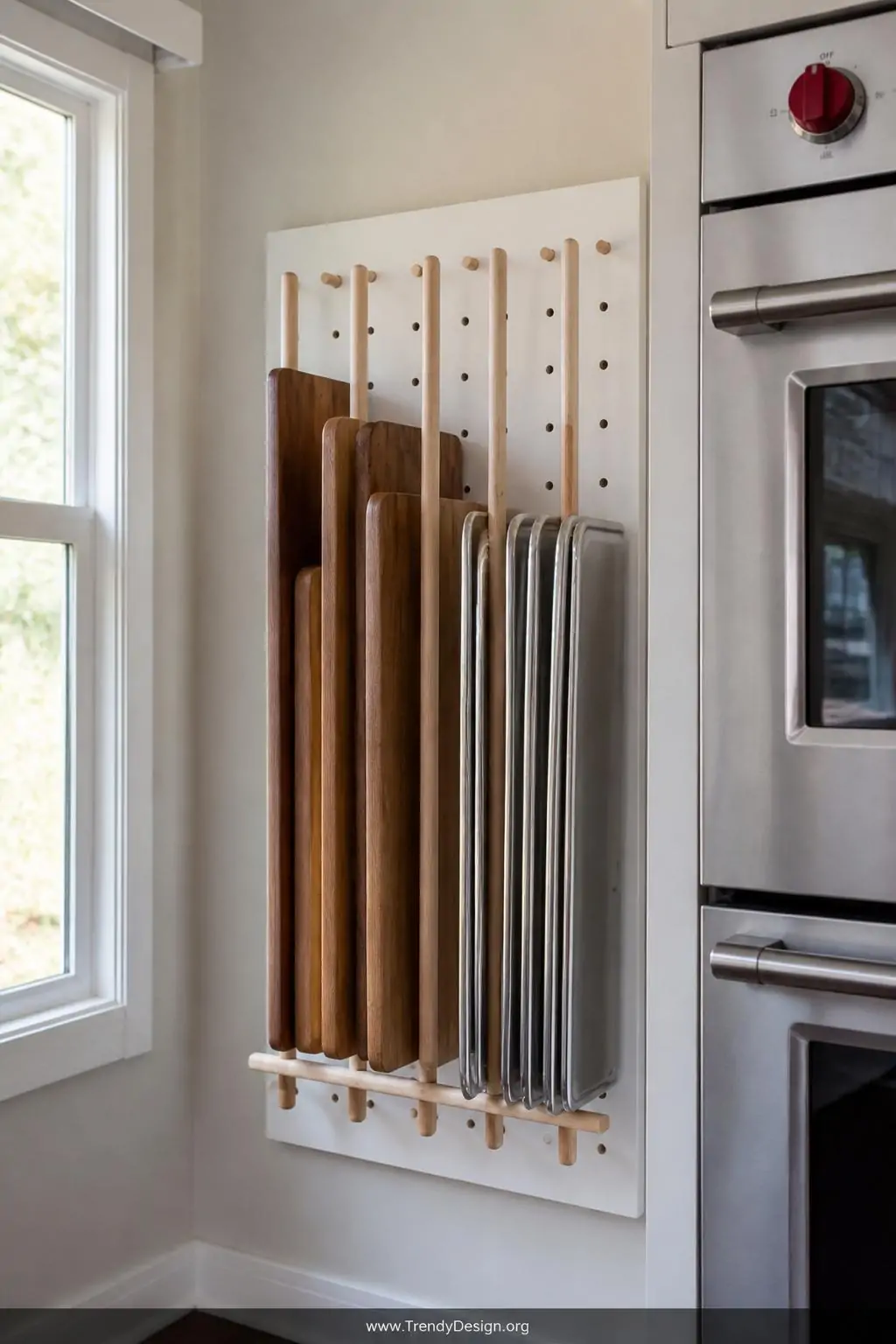 Tall wooden cutting boards and silver baking sheets standing perfectly upright between evenly spaced long wooden pegs on a white pegboard rack beside a stainless steel oven, natural daylight streaming from a nearby window, medium shot showing the vertical divider system against light gray painted walls.