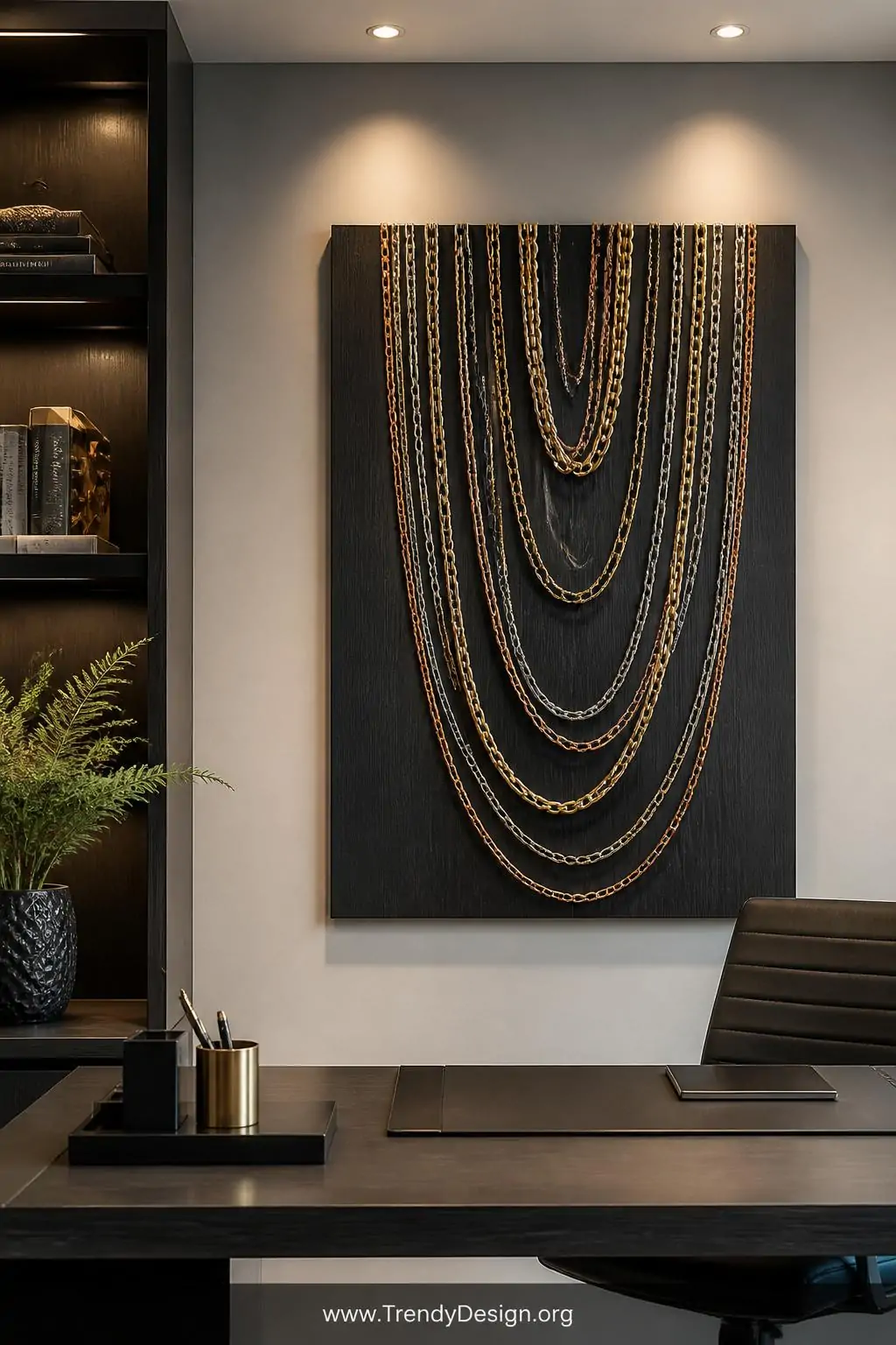 Layered gold, silver, and rose gold chain necklaces arranged in overlapping patterns on a black-painted wooden board mounted in a modern home office, textural metallic wall art installation, warm recessed lighting highlighting depth and dimension, wide shot.
