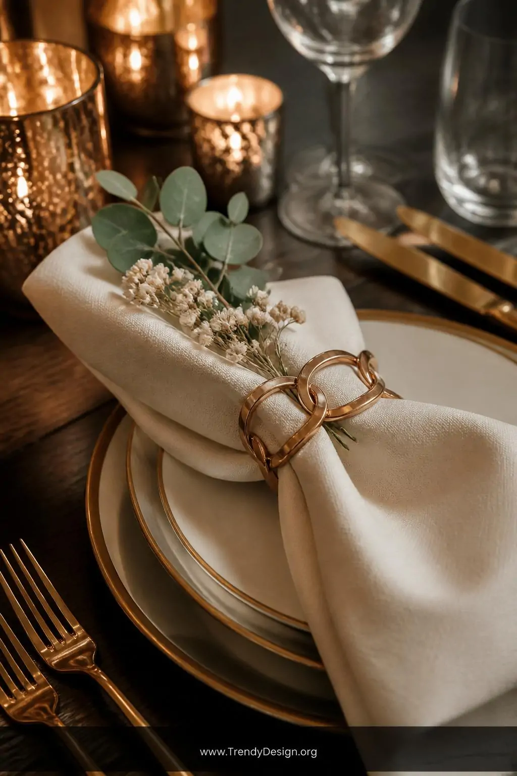 Elegant gold paperclip napkin ring holders arranged on a formal dinner table, three linked jumbo copper-toned clips securing crisp ivory linen napkins tucked with sprigs of eucalyptus and tiny dried flowers, candlelight reflecting warmly off the metallic loops against a dark walnut table surface, closeup shot.