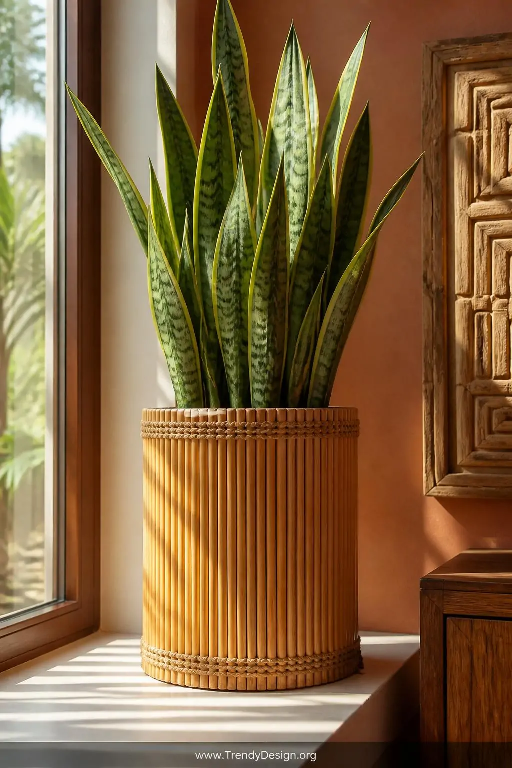Bamboo reed pot cover wrapped around a cylindrical planter hosting a dramatic snake plant, medium shot on a sunlit windowsill, vertically glued bamboo reeds in golden honey tones, jute twine banding top and bottom edges, soft natural daylight casting linear shadows across the textured surface, warm terracotta and green tones, photorealistic interior design