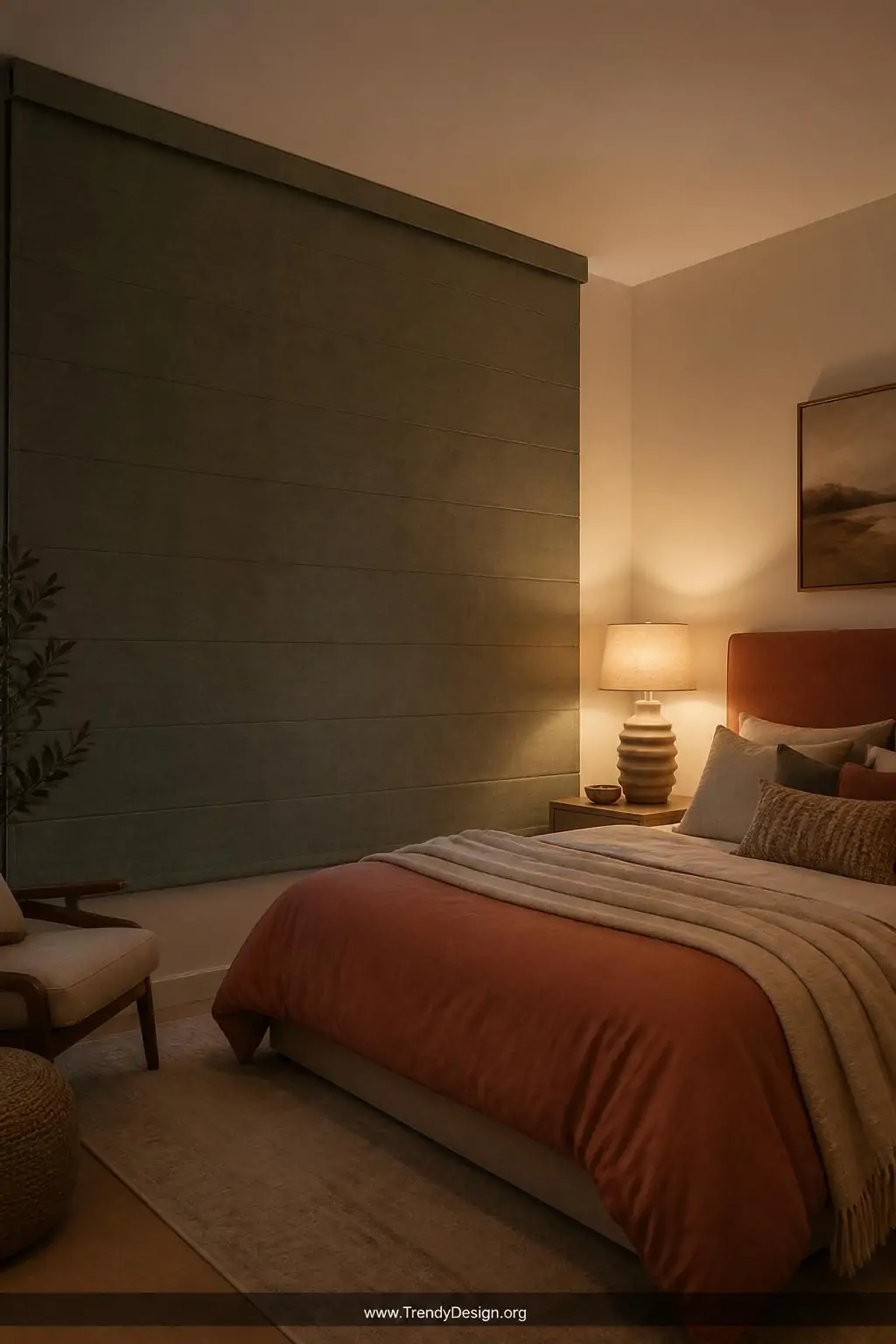 A beautifully styled bedroom at dusk with a floor-length dusty sage blackout Roman blind mounted ceiling-close and extended w