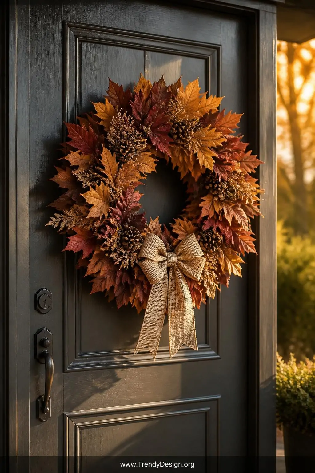 Full dried leaf wreath with layered rust, gold, and burgundy leaves accented by pine cones and a chunky burlap ribbon bow, hanging on a deep charcoal front door in golden late-afternoon autumn light, medium shot framing the wreath against the painted door.