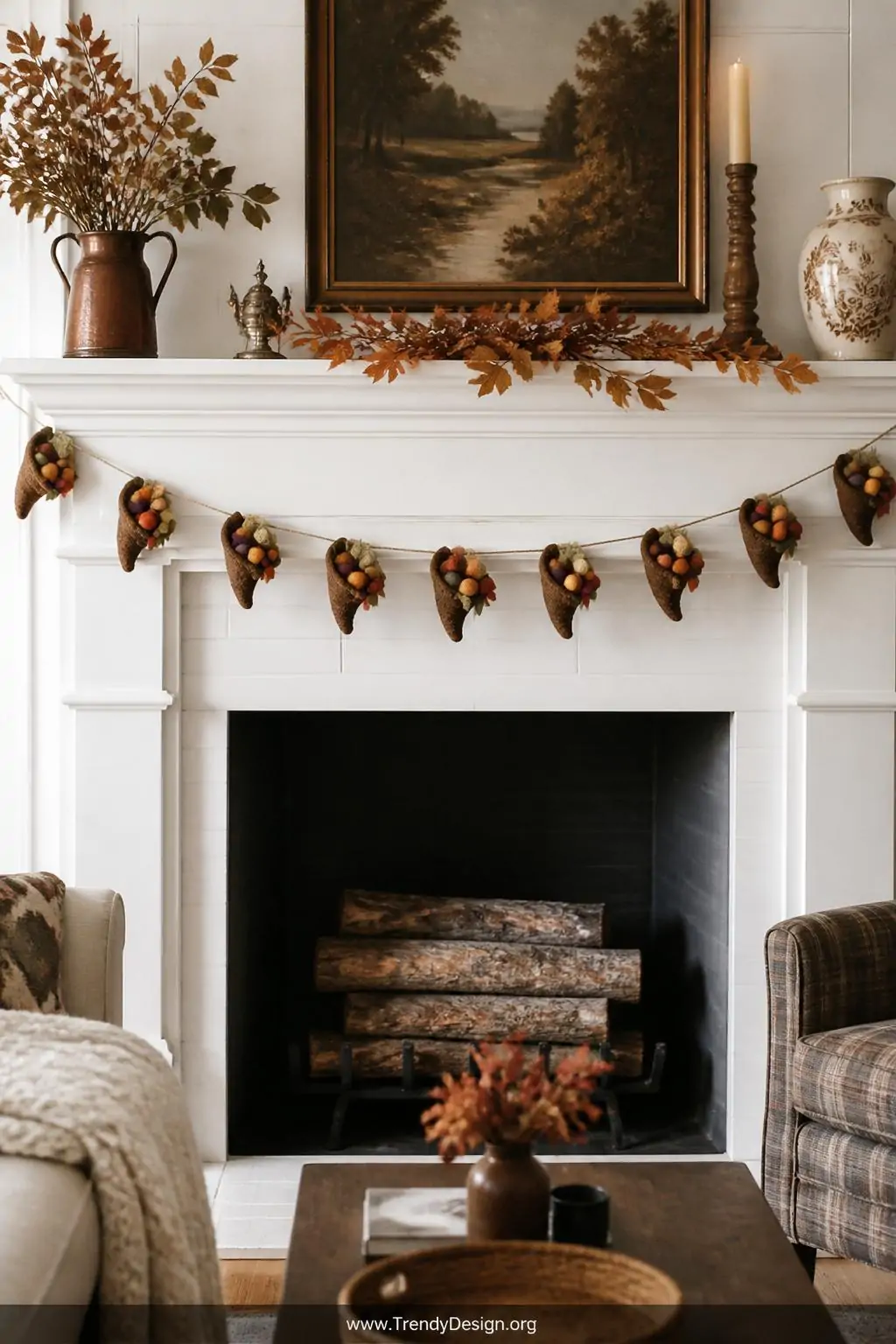 Tiny brown felt cornucopia garland stuffed with colorful felt fruit and pom-poms strung on twine across a white wooden mantel with dried fall leaves, cozy cottage living room, wide shot, photorealistic interior design