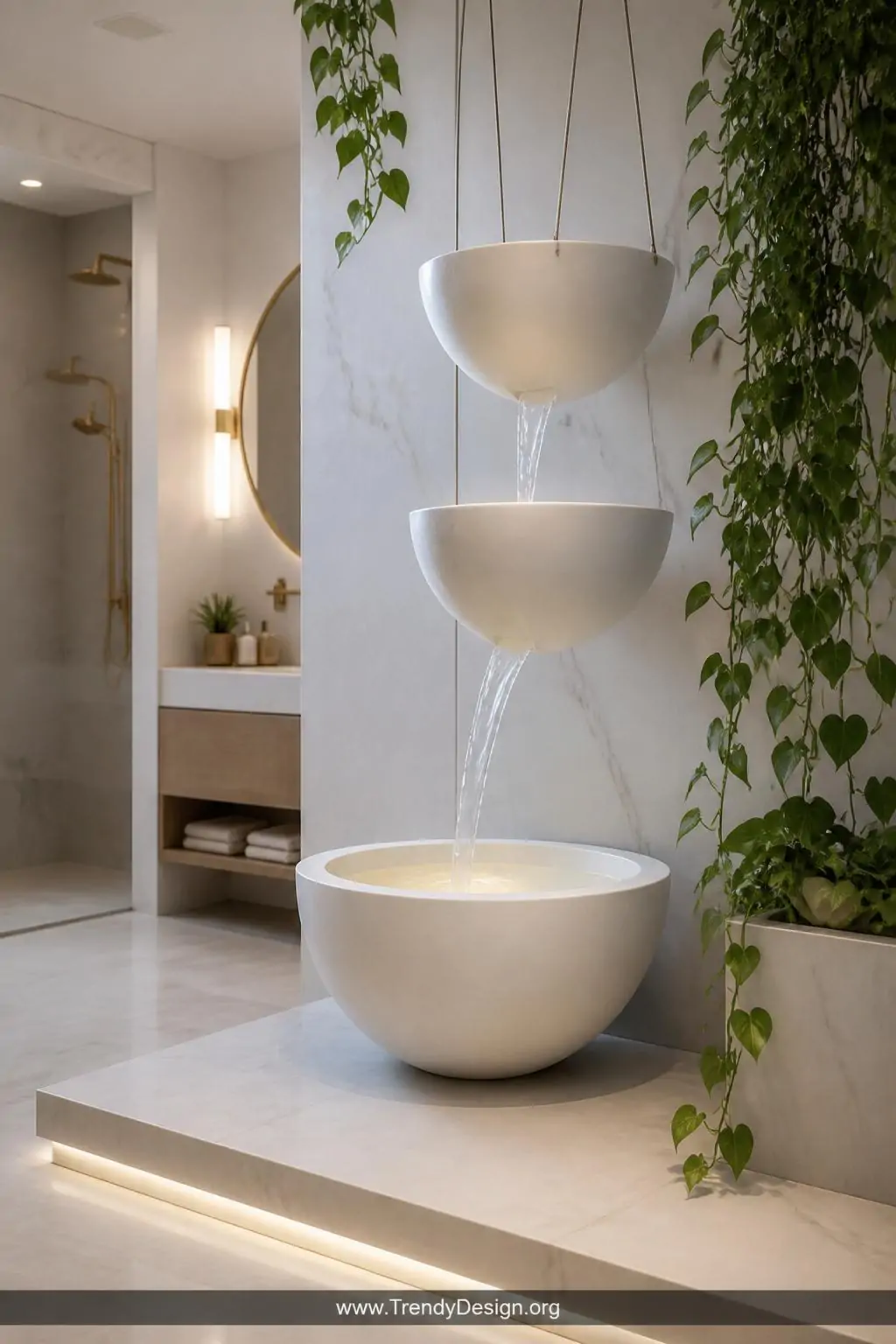 Tiered ceramic bowl fountain in matte white with three graduating bowls suspended at different heights in a serene modern bathroom, soft diffused light reflecting off the gentle overflow of water cascading from bowl to bowl, clean marble surfaces and green trailing plants framing the composition, photorealistic interior design, medium shot.