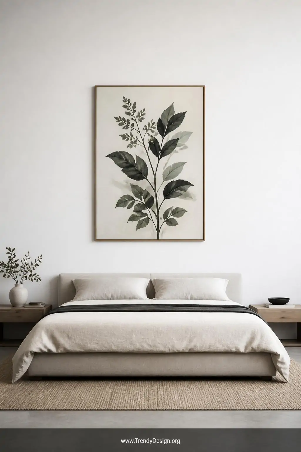 Large-format framed botanical print in warm charcoal and sage centered alone on a vast expanse of white wall above a low minimalist bed, generous negative space surrounding the artwork on all sides, medium wide shot of a serene minimalist bedroom where the single piece commands calm authority.