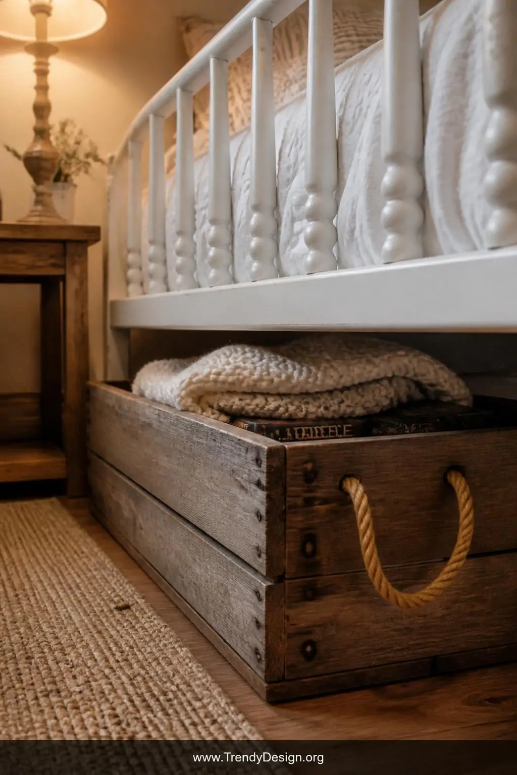 Weathered oak wooden storage crate with rope handles partially visible beneath a farmhouse-style white spindle bed, warm amber lamplight and soft shadows, closeup showing chunky knit throw blankets and board game boxes nestled inside rustic slatted wood, cozy cottage bedroom.
