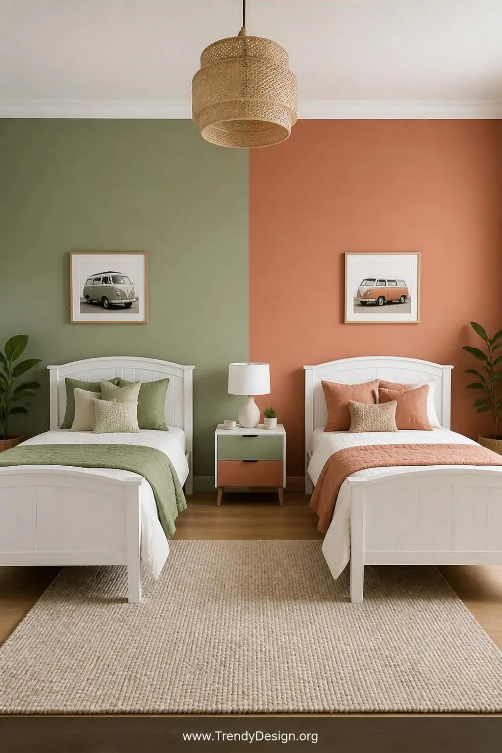 Color-blocked bedroom wall split precisely down the center with soft sage green on one side and warm terracotta on the other in a shared kids bedroom, contemporary style, wide shot showing crisp painter's-tape-clean dividing line, identical white bed frames on each side dressed in coordinating accent pillows matching each wall color, white ceiling and trim unifying both zones, photorealistic interior design.