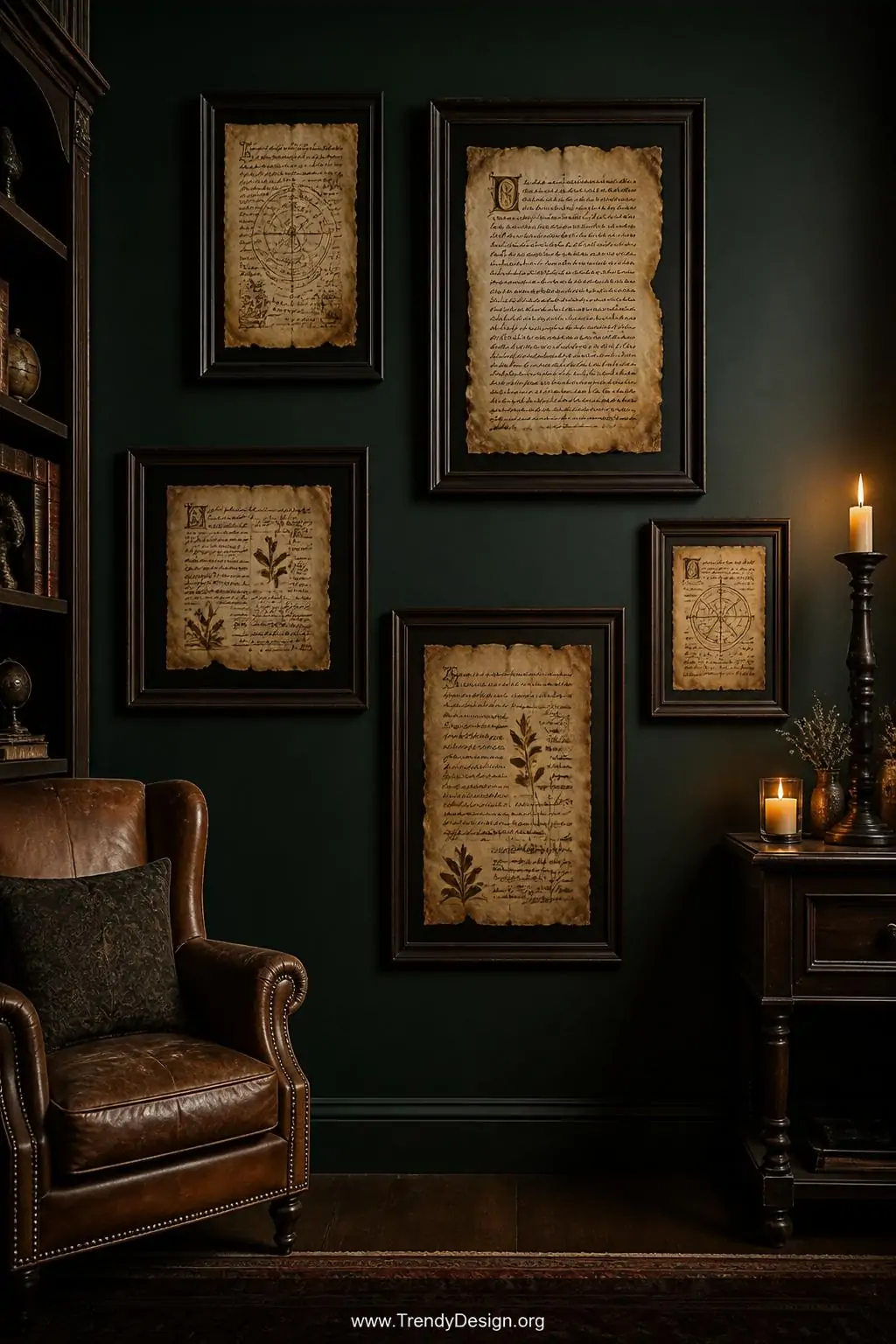 Aged parchment spell scrolls with calligraphy text in sepia ink, burnt and curled edges, displayed in mismatched dark wood frames on a deep forest green wall beside a leather armchair and candlelight, wide shot