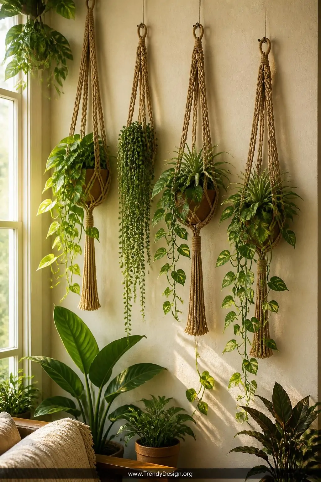 A wide photorealistic interior shot of a bright indoor living wall feature showcasing four macrame planter hangings at stagge