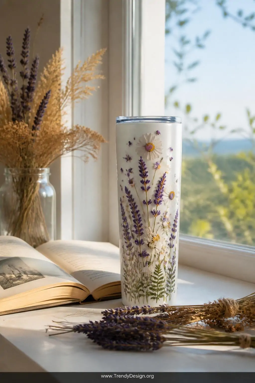 White tumbler encased in pressed lavender daisies and tiny fern leaves under glossy epoxy resin on a sunlit windowsill, dried botanicals and a heavy open book beside it, soft diffused natural light, wide shot