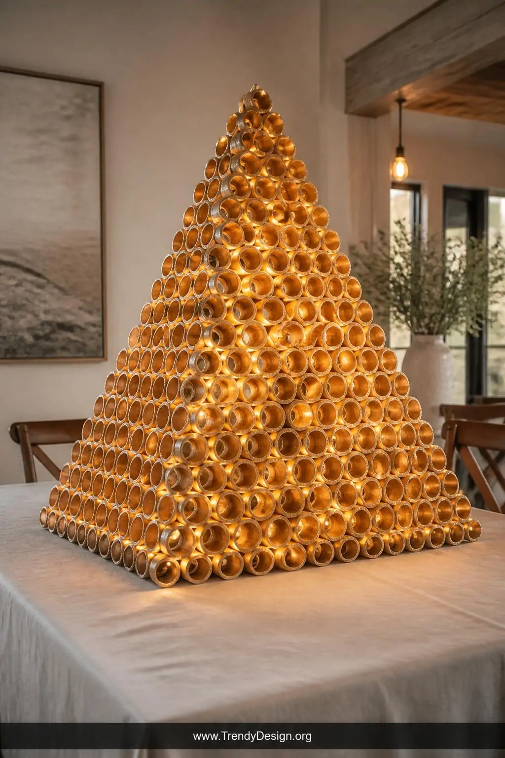 Large gold spray-painted newspaper tube pyramid centerpiece on a farmhouse dining table, warm string lights woven through the interior edges casting a golden ambient glow, minimalist white linen tablecloth beneath, wide shot capturing the impressive sculptural scale against a soft neutral wall.