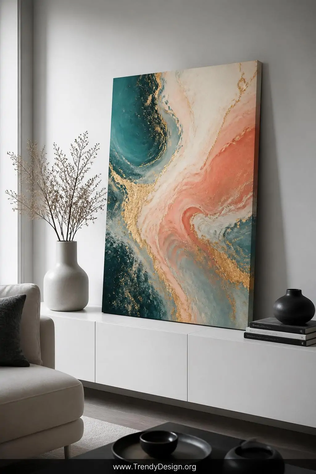 Abstract acrylic pour canvas in swirling teal, ivory, coral, and gold organic patterns propped on a minimalist white console table in a contemporary living room, cool natural side lighting emphasizing fluid paint depth, medium shot