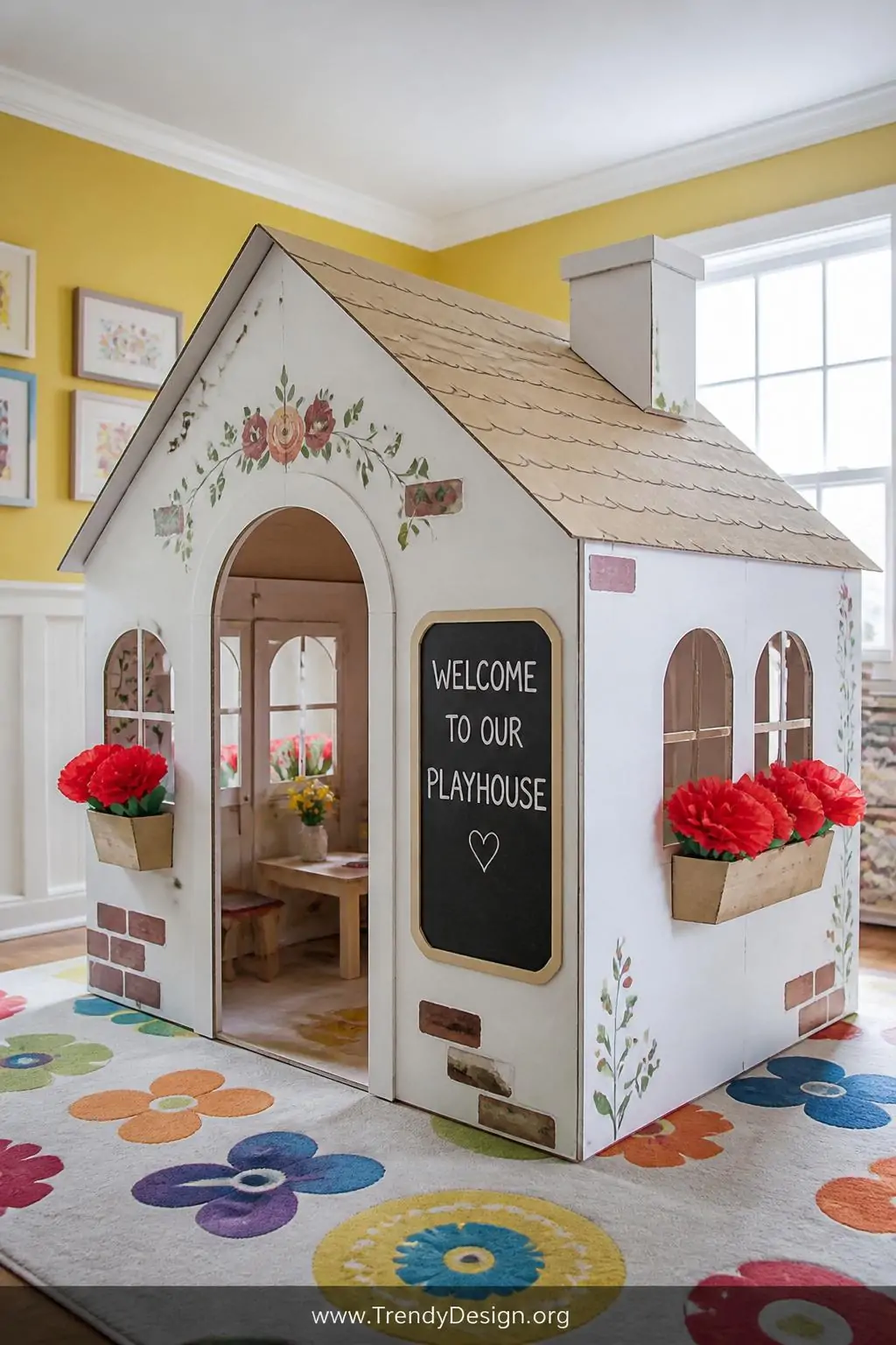 Large painted cardboard playhouse styled as a white cottage with flower box cutouts, red paper blooms, and a chalkboard panel on the exterior wall, sitting on a colorful playroom rug under bright natural window light, wide shot showing the full structure in a cheerful yellow and white children's room, photorealistic interior design