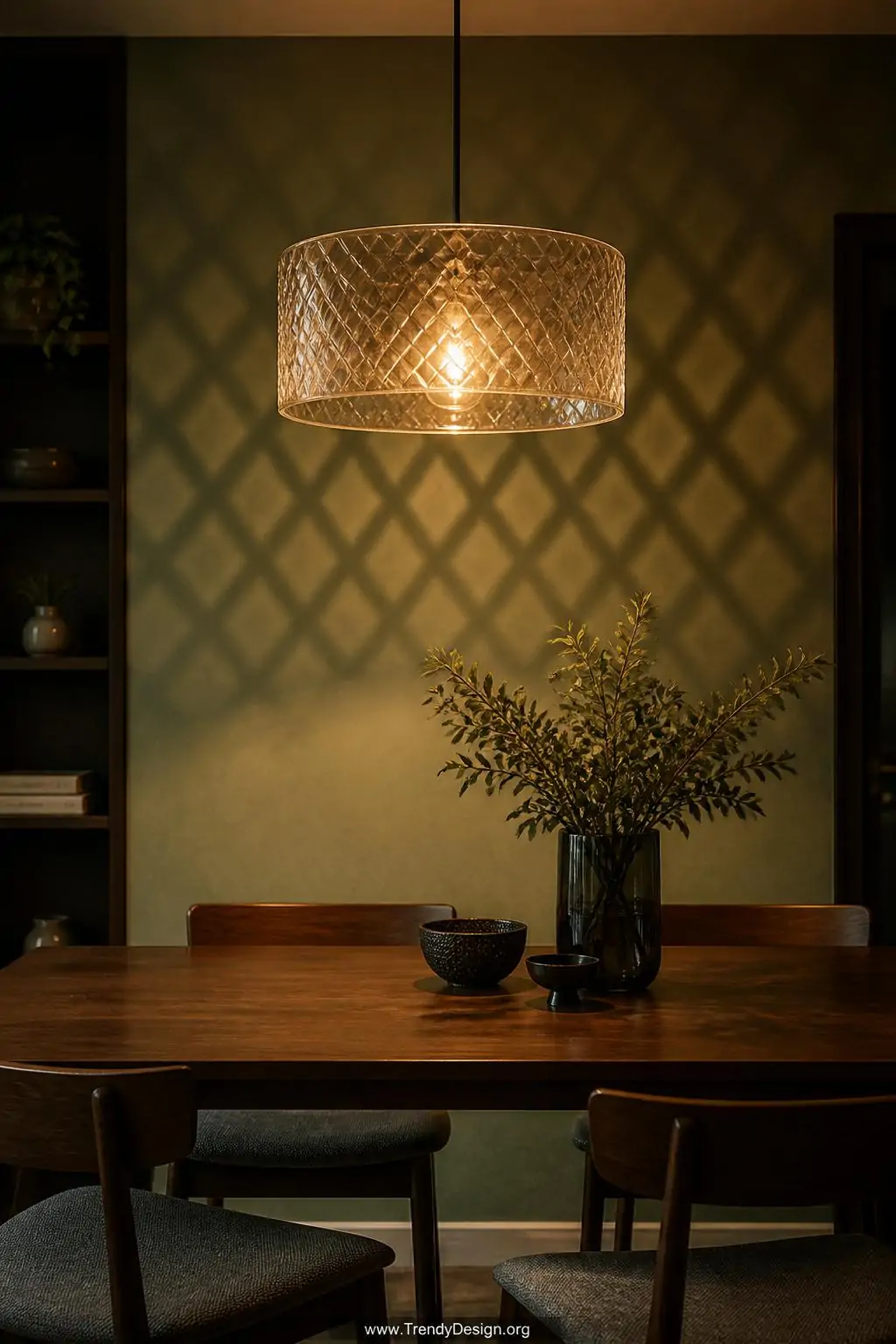 Cylindrical plastic bread tray pendant light fixture hanging over a walnut dining table, warm amber LED bulb casting dramatic diamond-patterned shadows across a sage green plaster wall, dark moody interior, medium shot.
