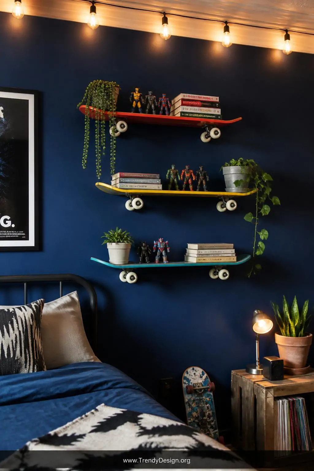 Three colorful vintage skateboard decks mounted at staggered heights on a bold navy blue bedroom wall using hidden floating brackets, each deck displaying small action figures, a trailing string of pearls plant, and dog-eared paperbacks, warm Edison bulb string lights glowing along the ceiling edge above, wide shot, urban playful teenage room style.