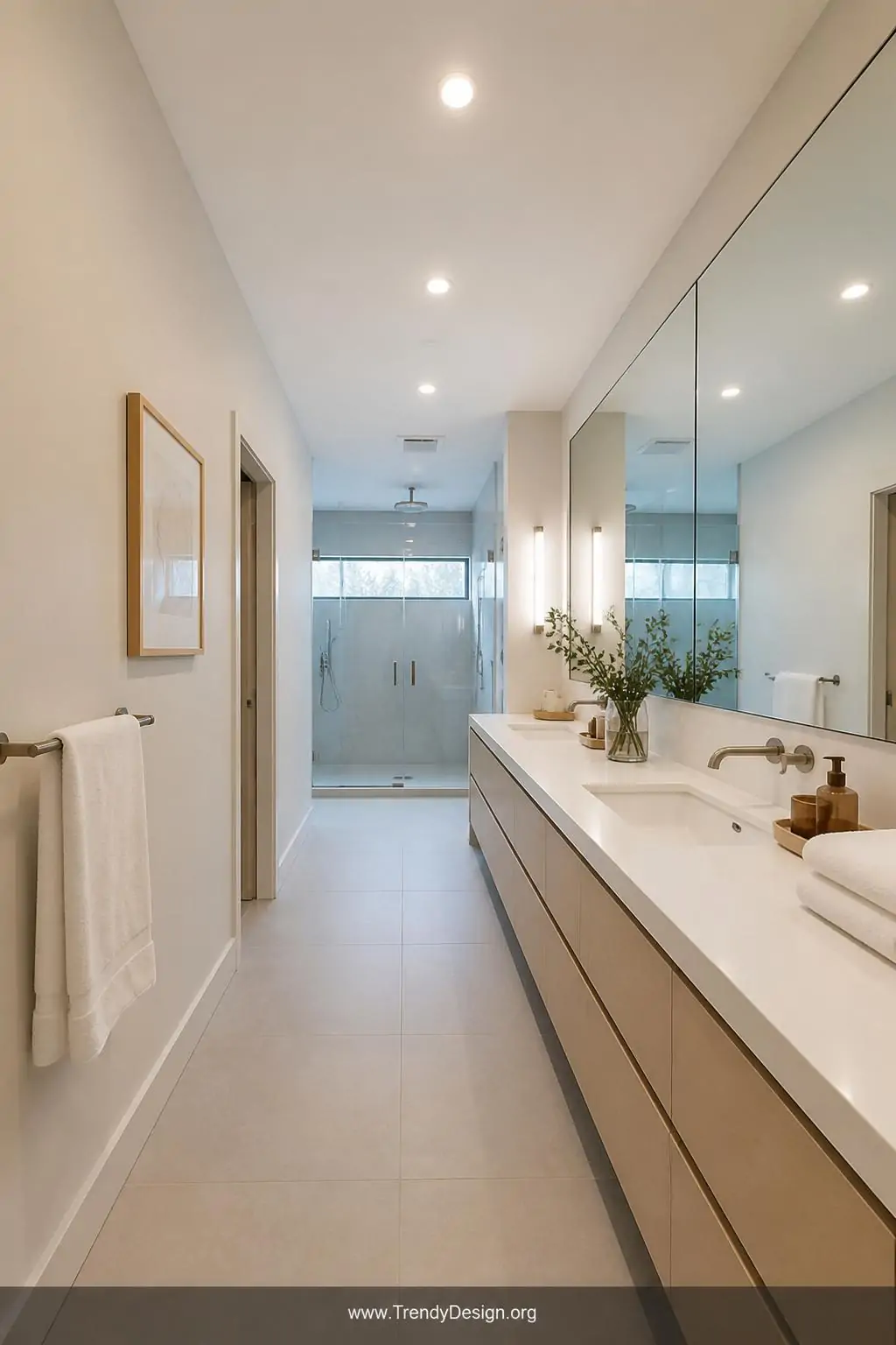 Continuous white quartz countertop stretching the full length of one wall in a narrow galley master bathroom, Scandinavian minimalist style, large-format light grey porcelain tiles running uninterrupted underfoot, a full-length frameless mirror doubling the perceived width, wide shot looking straight down the central pathway toward the glass shower enclosure at the far end.