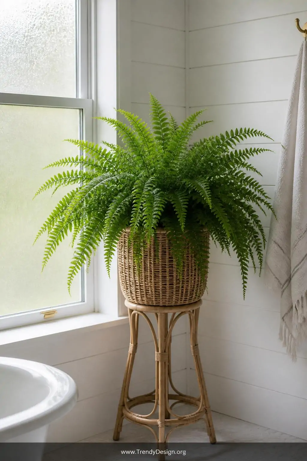 Lush Boston fern with feathery arching fronds spilling over the edges of a natural rattan plant stand beside a frosted bathroom window, soft diffused light illuminating delicate green texture against white shiplap walls, medium shot.