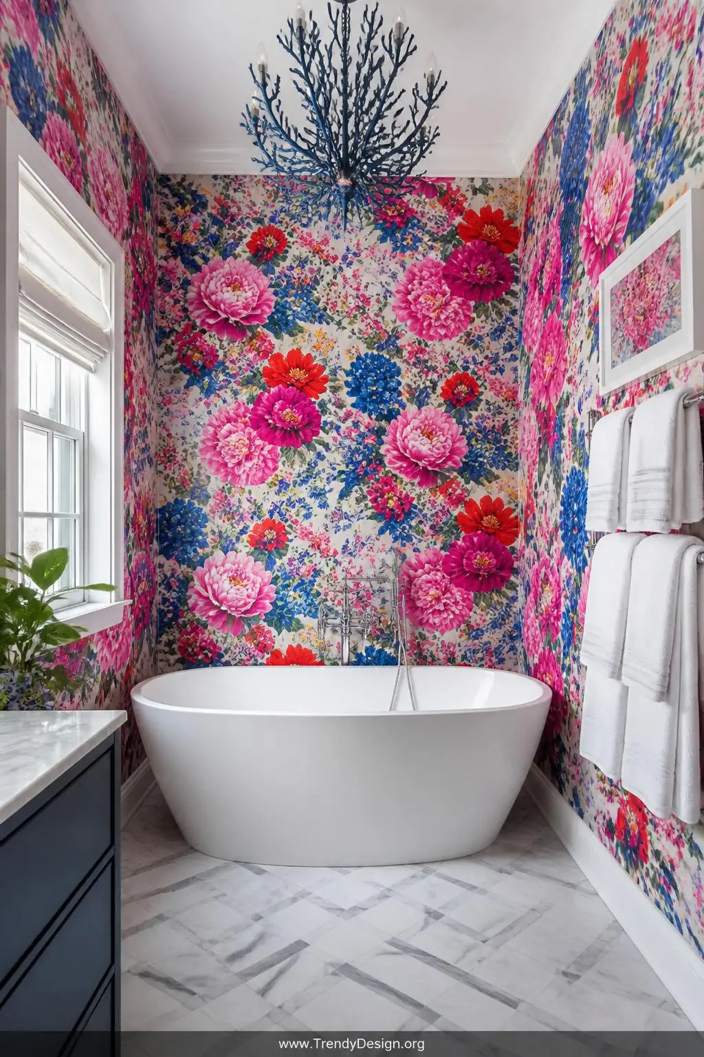 Bold maximalist floral wallpaper exploding with clashing cobalt blue, hot pink peonies, and poppy red blooms covering every wall of a bright bathroom, a simple white freestanding bathtub centered against the pattern, clean white towels folded on a chrome rail, wide dramatic shot, photorealistic interior design.