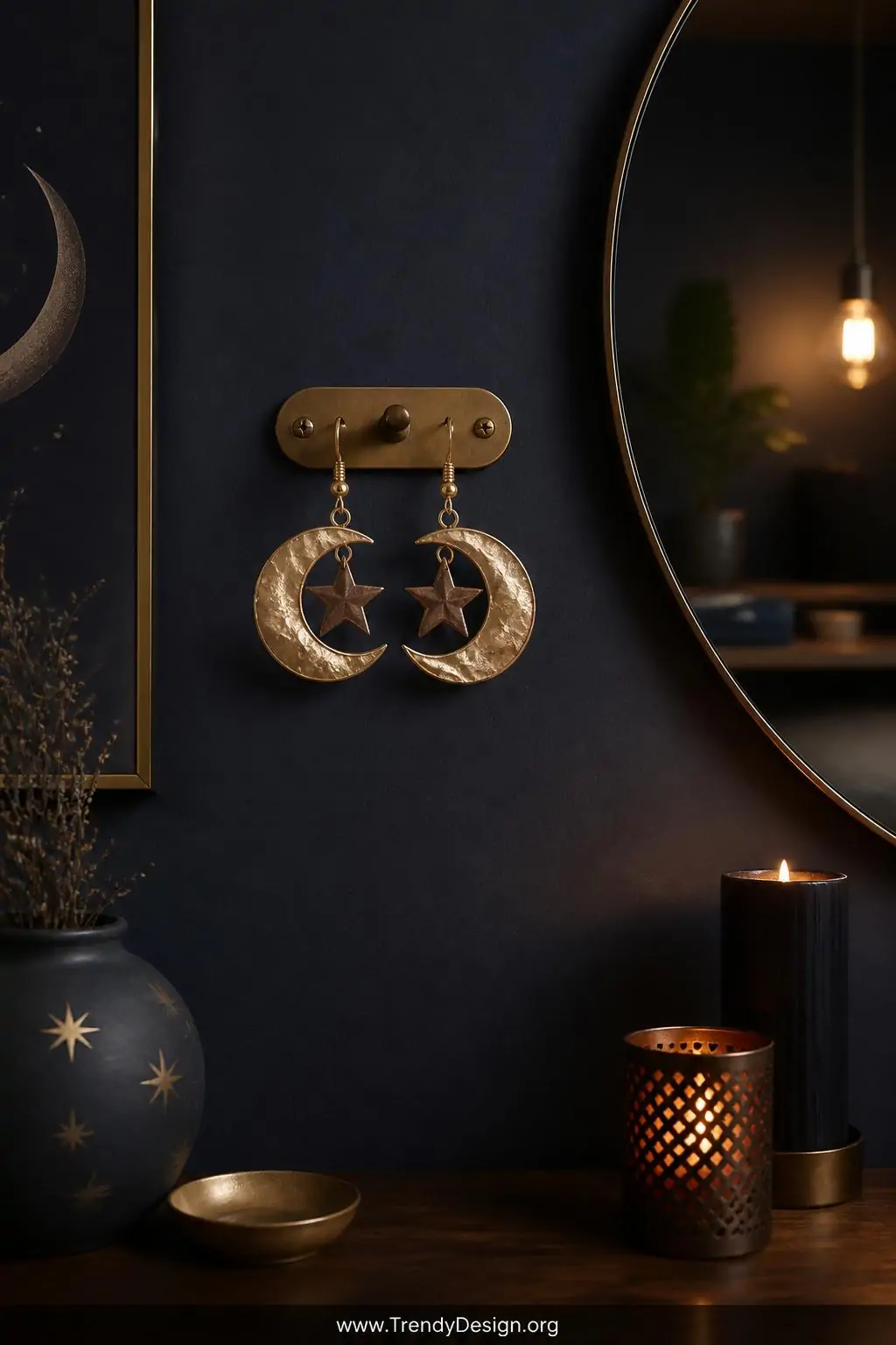 Minimalist gold and bronze crescent moon and star polymer clay earrings hanging from a small brass wall-mounted jewelry hook against a deep navy painted accent wall, warm candlelight and ambient glow catching the metallic clay surfaces, wide shot showing the celestial arrangement against moody dark walls.