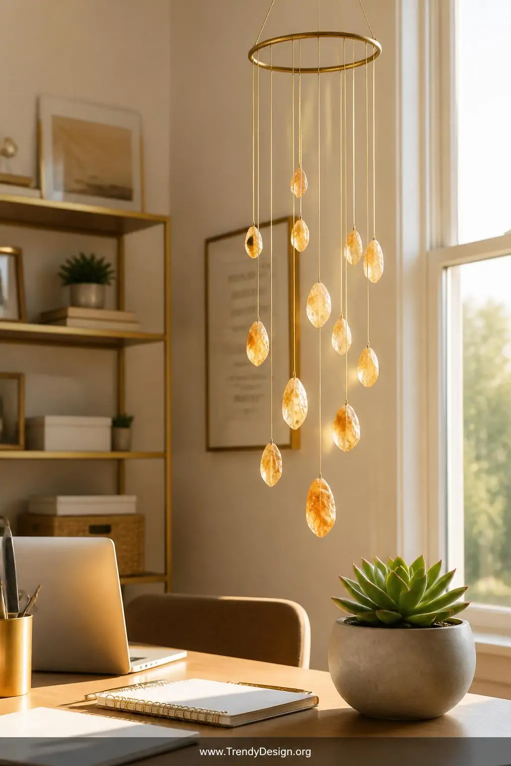 Brass ring DIY mobile with gold wire holding citrine pendants of varying sizes at different lengths, warm golden sunlight filtering through honey-yellow crystals near a home office window beside a small succulent on a desk, wide shot of cheerful productive workspace with warm brass and golden tones.