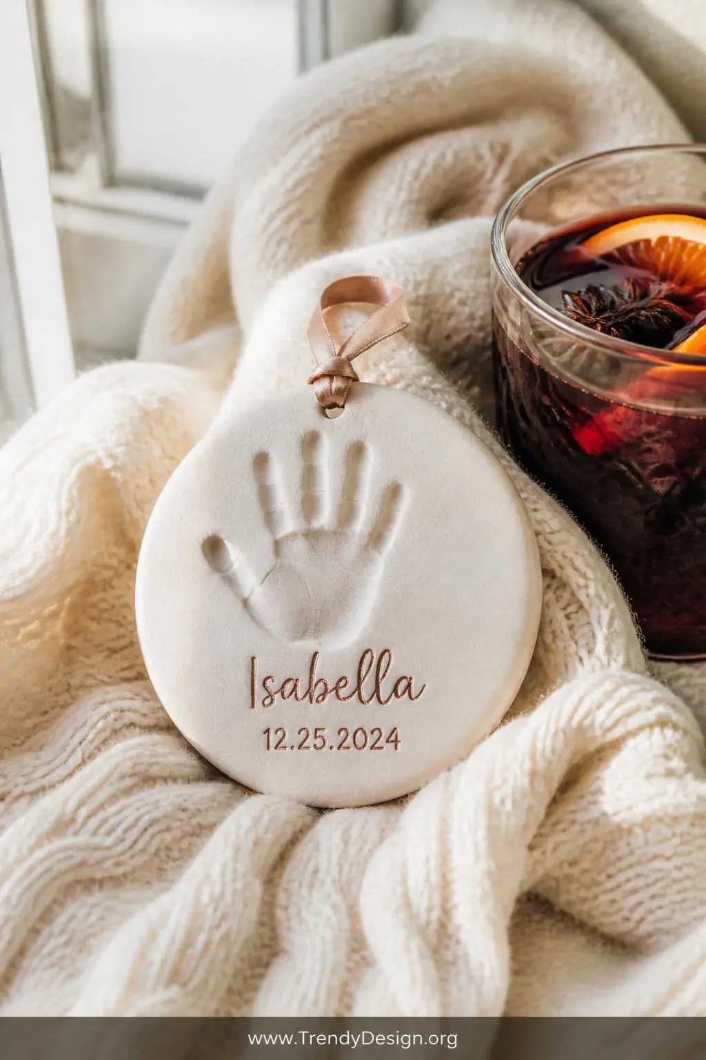 Tiny baby handprint salt dough keepsake ornament painted in soft ivory with rose gold name and date lettering, resting on a cream knit blanket beside a glass of mulled wine, soft window light, closeup shot