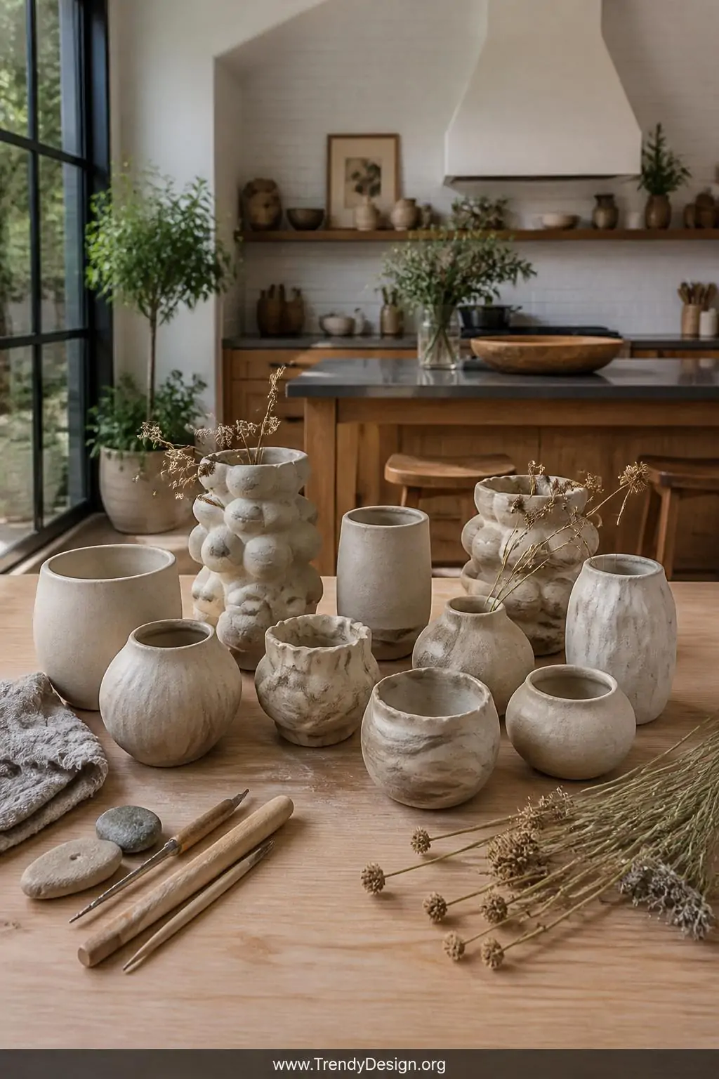 Collection of handmade clay vases in pinch pot, sculptural, bud cluster, and marbled styles grouped together on a cleared kitchen table with raw clay tools and dried botanical stems scattered nearby, bright natural overhead light, creative studio-style home interior, wide shot celebrating the full range of earthy textures and neutral tones, photorealistic interior design, no people