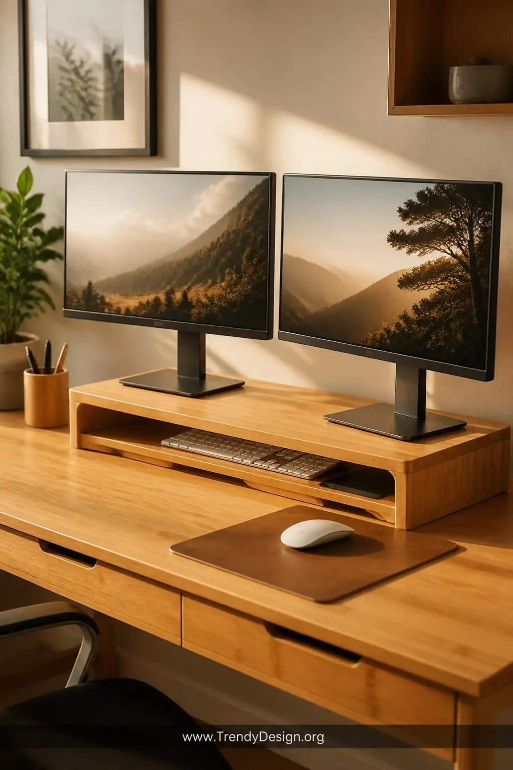 Bamboo dual monitor riser stand elevating two screens with a slim wireless keyboard tucked neatly in the open shelf below, home office, warm organic modern, golden afternoon light washing across the natural bamboo grain and matching wooden desk accessories, medium shot.
