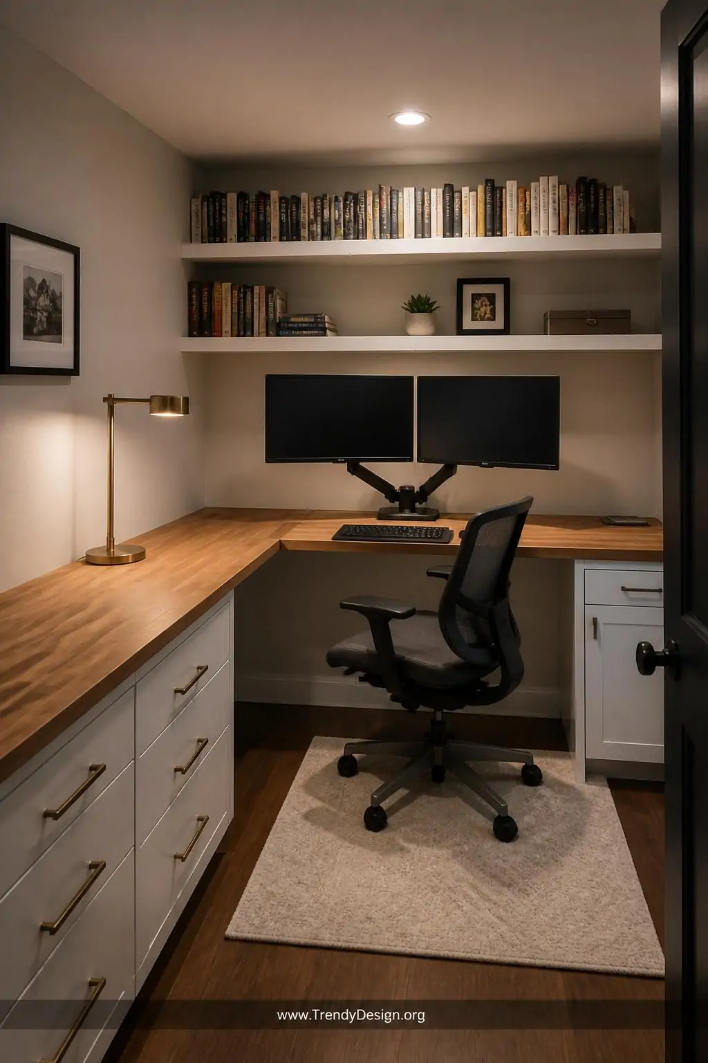 L-shaped butcher block countertop desk running along two walls of a converted walk-in closet, rich warm honey-toned wood grain surface supporting dual monitors on a black monitor arm, open white shelving above each arm stacked with books and a small neglected succulent, under-desk drawers in matte white, layered lighting from a recessed overhead fixture and a slim brass desk lamp, wide shot capturing the full L-shaped layout, photorealistic interior design.