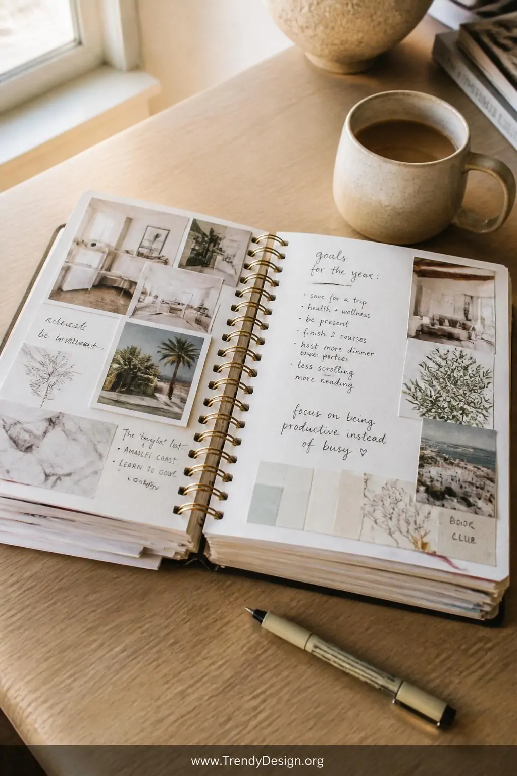 Thick open spiral journal with collaged magazine imagery and handwritten goal notes lying flat on a light oak desk beside a ceramic coffee mug and a fine-tip pen, soft warm morning light from a nearby window illuminating the pages, closeup shot capturing texture and personal handwriting detail, photorealistic interior design.
