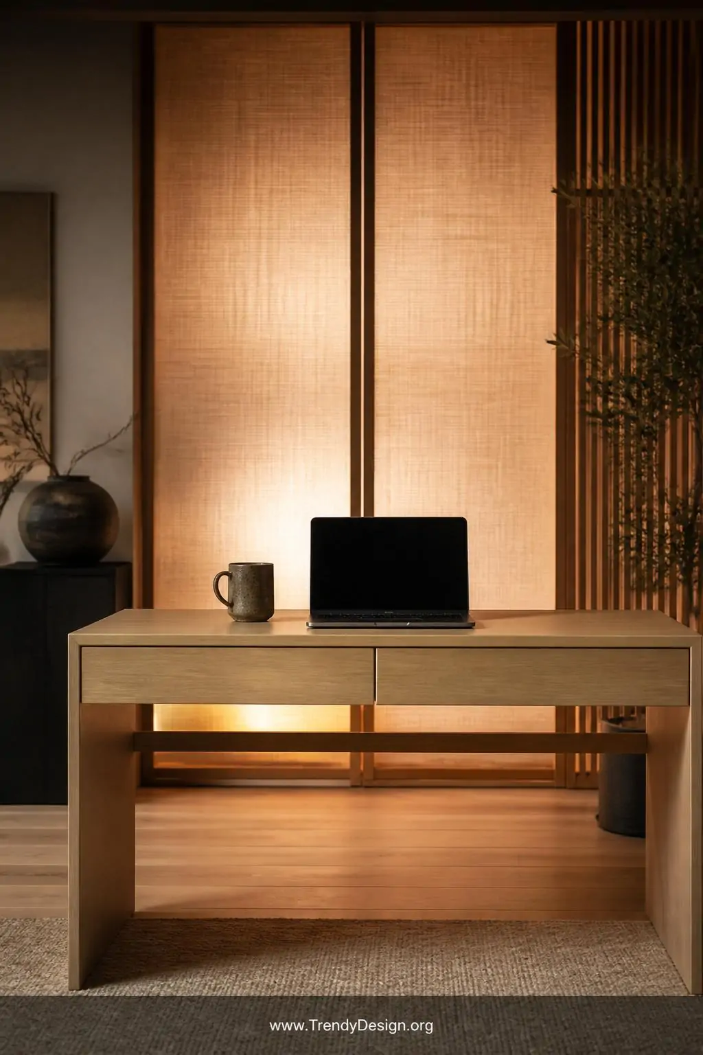 Japandi-style light ash wood desk with straight clean lines, a single ceramic mug and open laptop centered on the surface, soft indirect warm lighting glowing from behind a linen shade, visible wood grain texture, medium shot, photorealistic interior design.