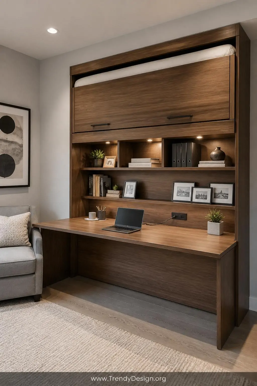 Sleek floor-to-ceiling Murphy bed unit in warm walnut veneer with the bed raised and a fold-down desk fully extended revealing a tidy workspace with integrated open shelving and cable channels, soft recessed lighting illuminating the unit against a light gray wall, medium shot of a multipurpose guest room office, modern transitional style, photorealistic interior design.