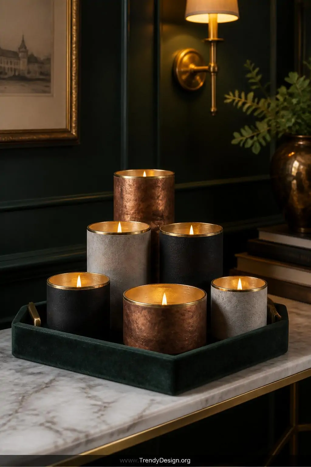 A medium shot of a collection of concrete candle holders with gold leaf rims, copper metallic dry-brushed surfaces, and matte