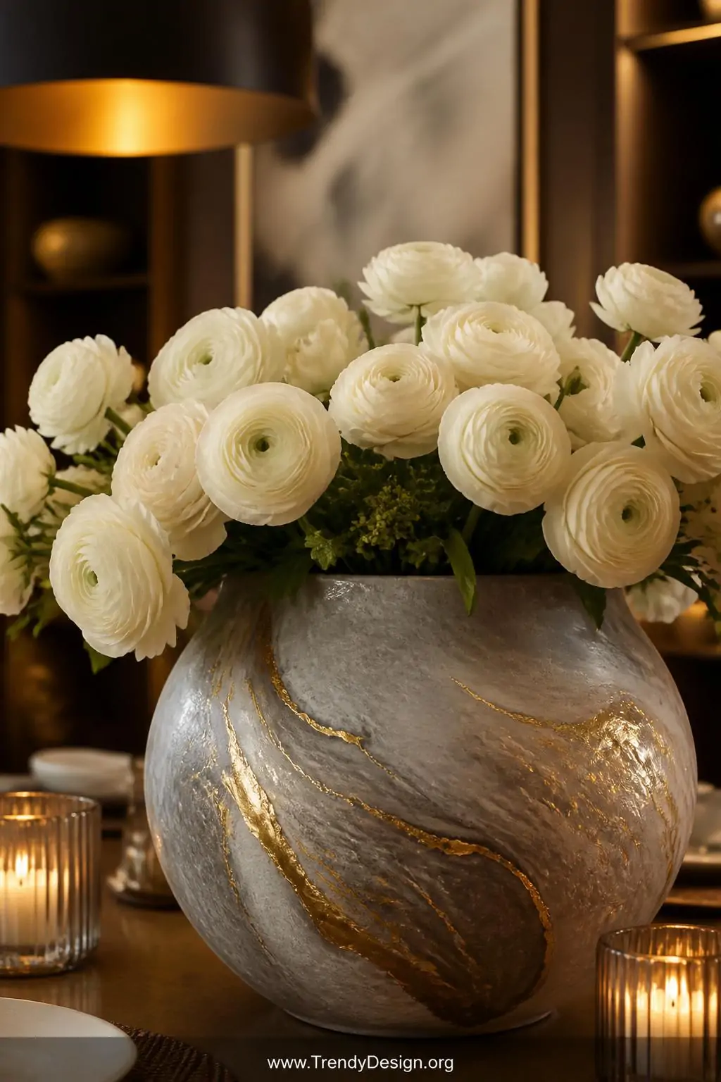 Marbled concrete vase with swirling gold veining holding creamy white ranunculus as a dining table centerpiece, luxurious warm tones, candlelight and pendant glow, rich textural contrast between organic marble swirl and fresh florals, closeup shot, photorealistic interior design, no people.