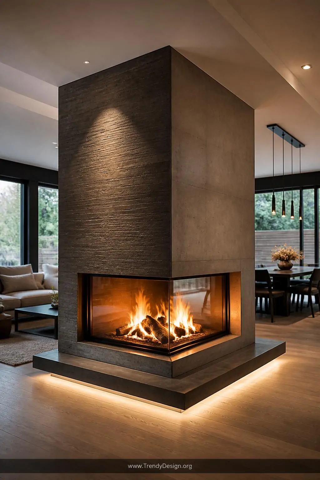 Double-sided polished concrete fireplace standing between an open-plan living room and dining room, contemporary style, one side textured matte and one side smooth, warm golden firelight glowing through both openings simultaneously, wide shot.