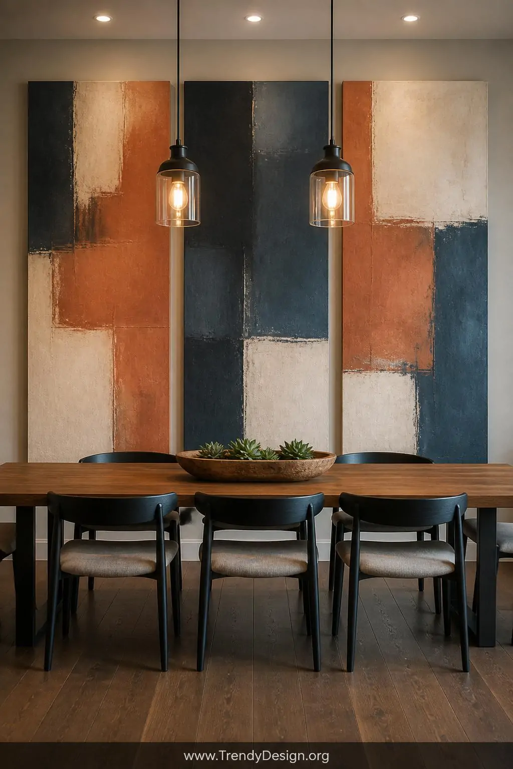 Triptych of oversized painted cement board panels spanning a dining room wall in coordinating abstract color blocks of terracotta, slate blue, and warm cream, bold acrylic brushstrokes visibly textured by the gritty porous surface, warm pendant lighting overhead, wide shot, photorealistic interior design, no people.
