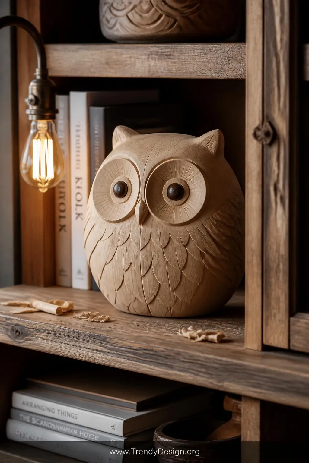 Chunky folk-art style carved wooden owl figure with rounded circular body sitting on a reclaimed wood bookshelf among stacked craft books and wood shavings, warm Edison bulb glow, natural basswood tones, medium shot