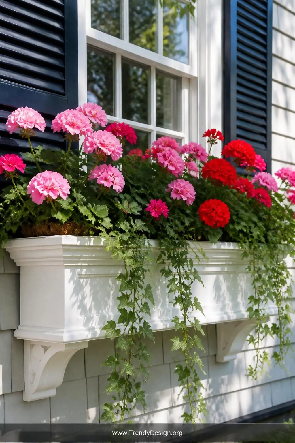 White painted pine window box planter with decorative corbel trim and routed molding edges mounted beneath a navy blue shuttered cottage window, overflowing with pink and red geraniums and trailing green ivy, coco fiber liner visible at the soil edge, medium closeup shot capturing the crisp painted trim detail and floral abundance, bright morning sunlight, photorealistic interior design.