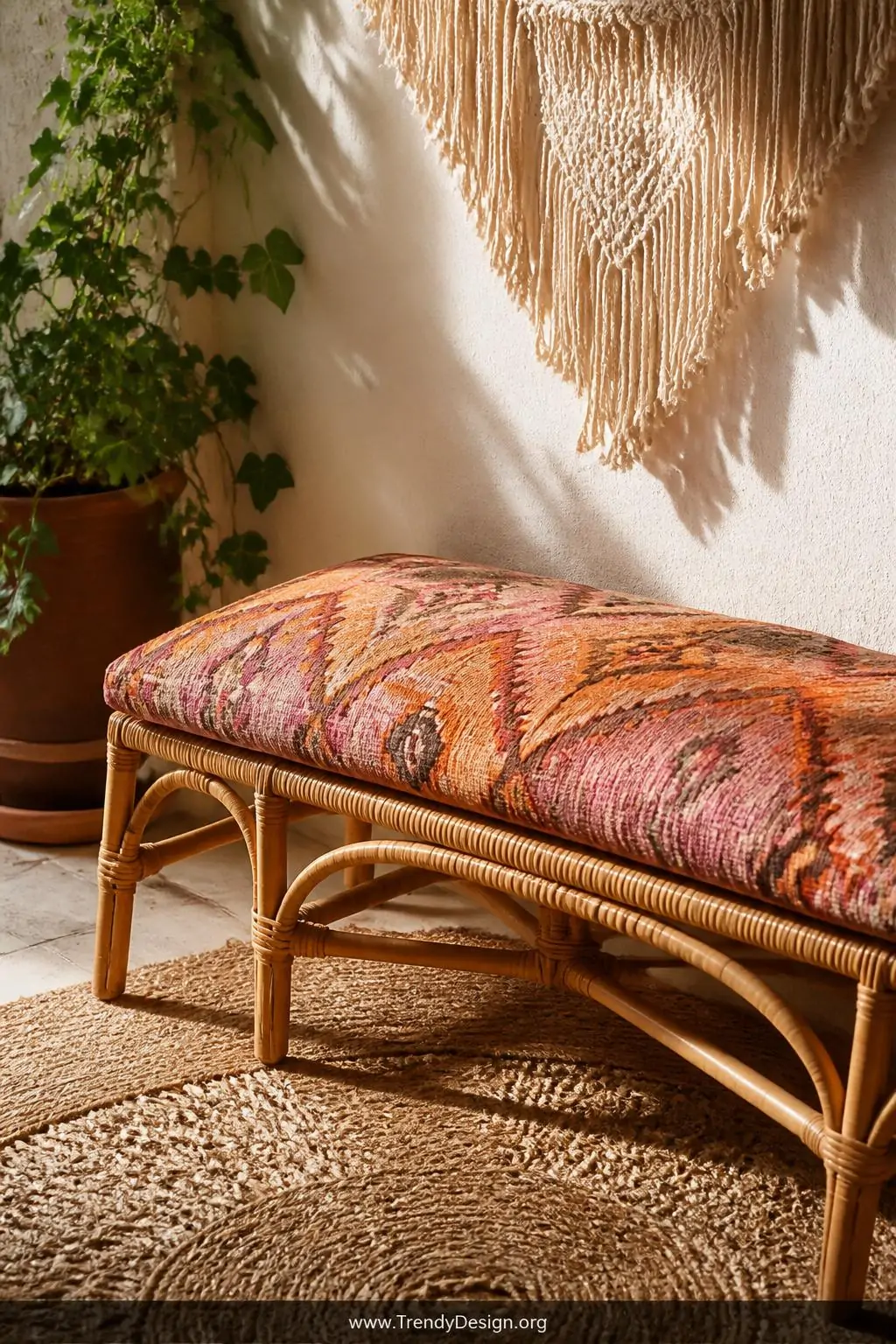 Rattan wicker bench topped with a vibrant kilim cushion in burnt orange and dusty rose in a sun-drenched bohemian entryway, eclectic global style — macramé wall hanging above catching warm light, trailing ivy in a terracotta pot beside the bench, a jute rug layered underneath tying together the organic textures, closeup shot.