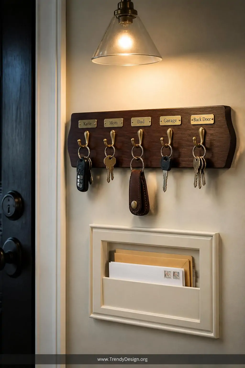 Wall-mounted dark walnut key holder with five labeled brass hooks installed beside a cream-painted entryway wall, holding assorted keys and a small leather keychain, a shallow built-in mail slot below holding neatly stacked envelopes, a single pendant light overhead casting warm focused light, closeup shot, photorealistic interior design.